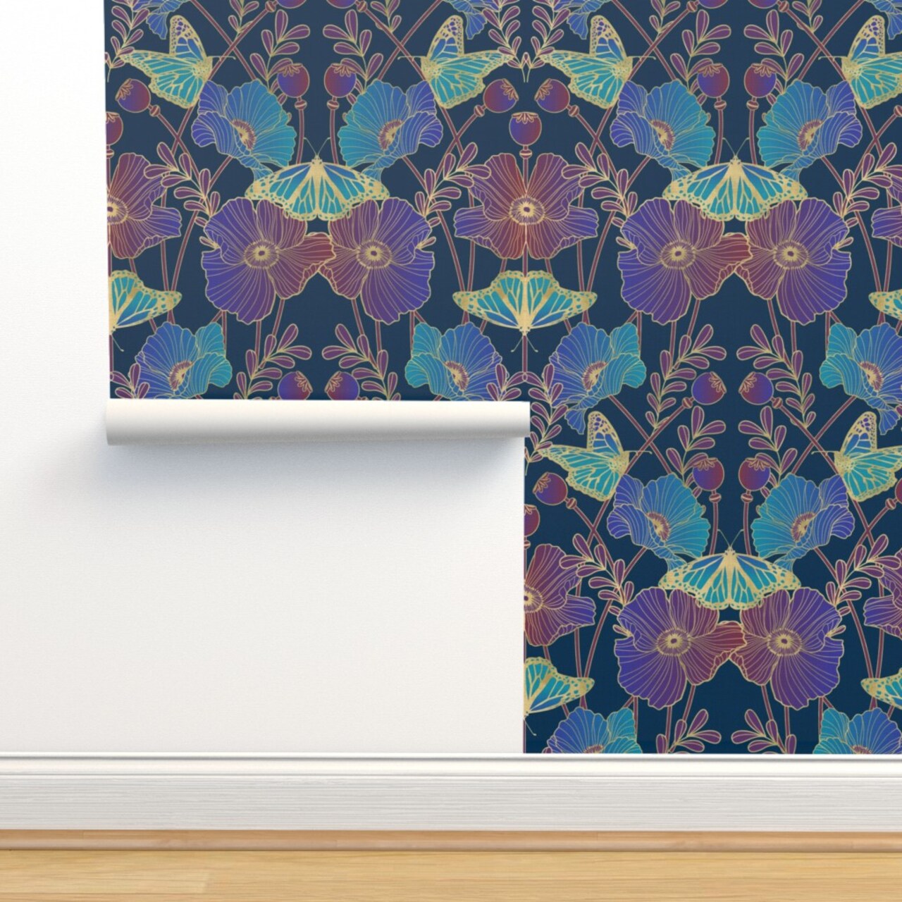 Jewel Tone Poppies Art Nouveau Poppy And Butterfly Blue Aqua Purple Large Scale Floral Custom Removable Wallpaper by Spoonflower Peel & Stick Wallpaper 2FT Wide